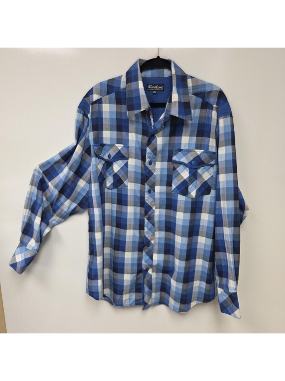 Knockout Shirt Mens 2XL Blue Plaid Long Sleeve Button Front Pockets Casual